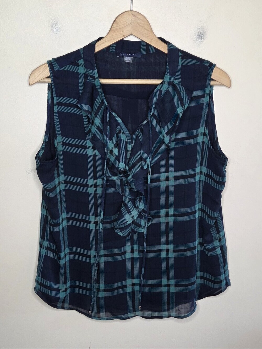 Tommy Hilfiger Navy Dark Green Plaid Sleeveless Ruffled Neck Blouse Size Large